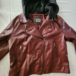 LEVI'S Women's Black Faux Leather Hooded Motocycle Jacket Large Preowned